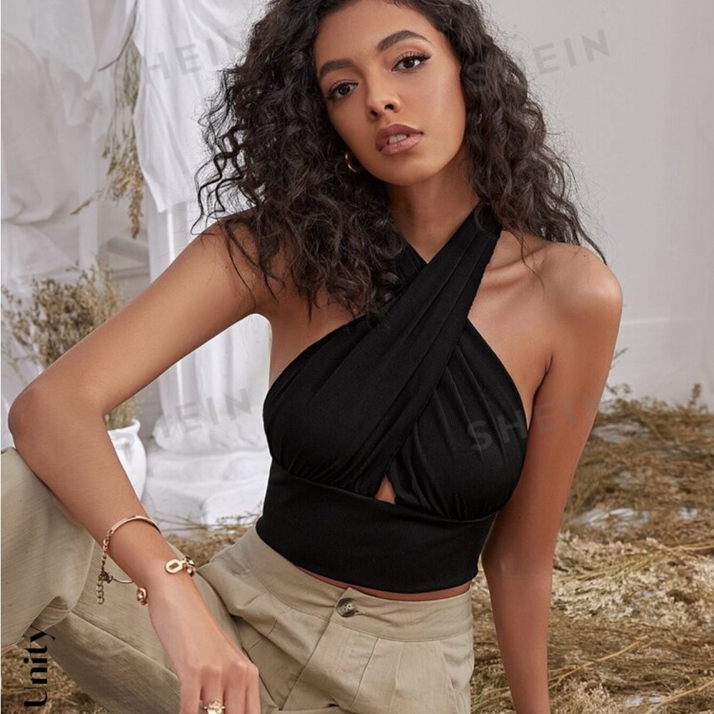 BLACK WRAP NECK HALTER TOP